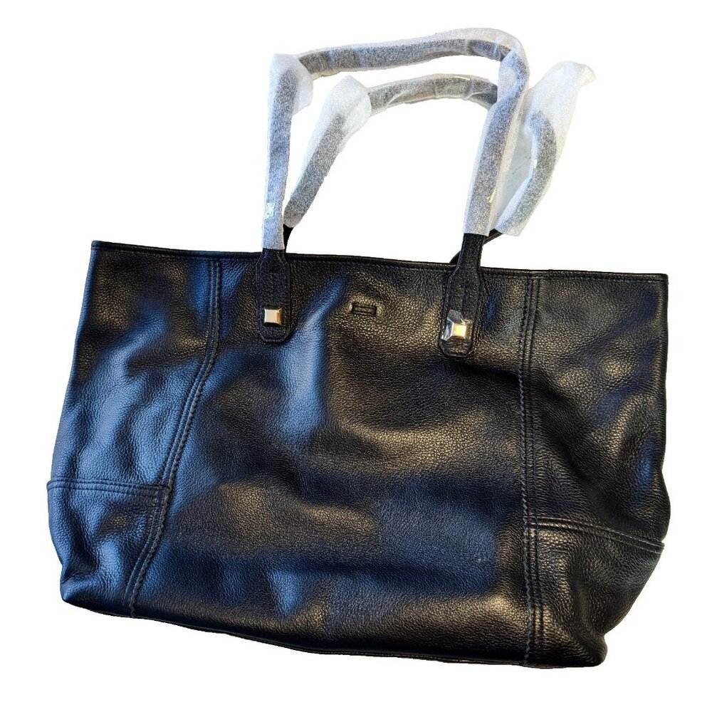 Stella & Dot Soft Black Leather Tote Style Handbag Studs Snakeskin Pocket NEW